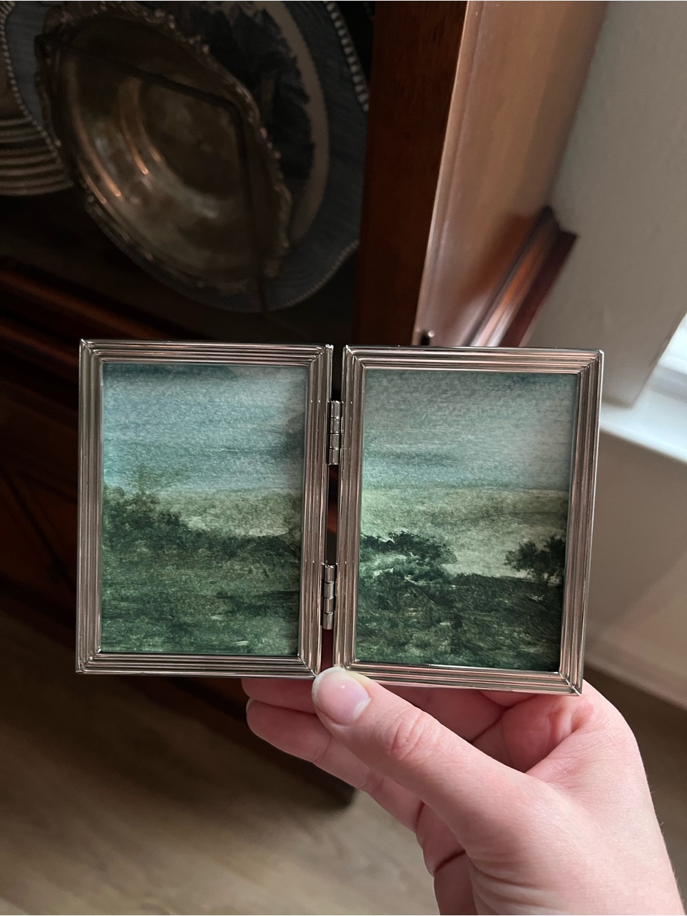 Silver Tone Double Picture Frame - Green Landscape Watercolor Painting